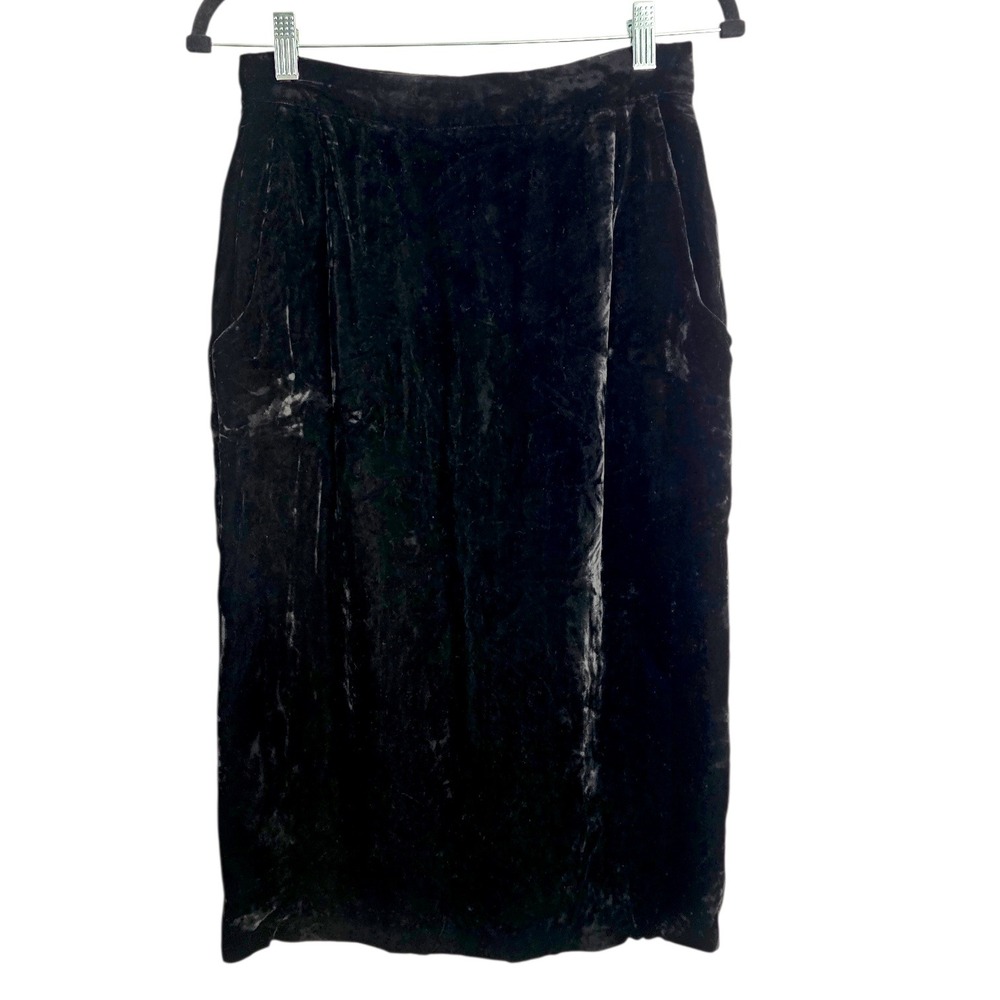 Vintage Black Crushed Velvet Pencil Skirt with Pockets 27 Waist Shelly Walsh
